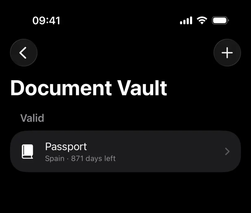 The unlocked Document Vault, listing a Spain passport under Valid