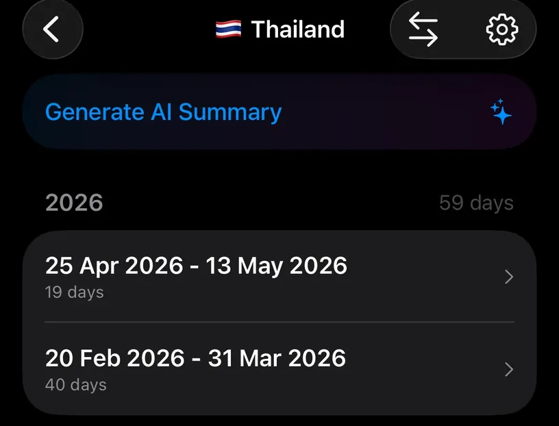 The Thailand detail screen, showing 2026 with 59 days above two stays, 25 Apr 2026 to 13 May 2026 with 19 days and 20 Feb 2026 to 31 Mar 2026 with 40 days