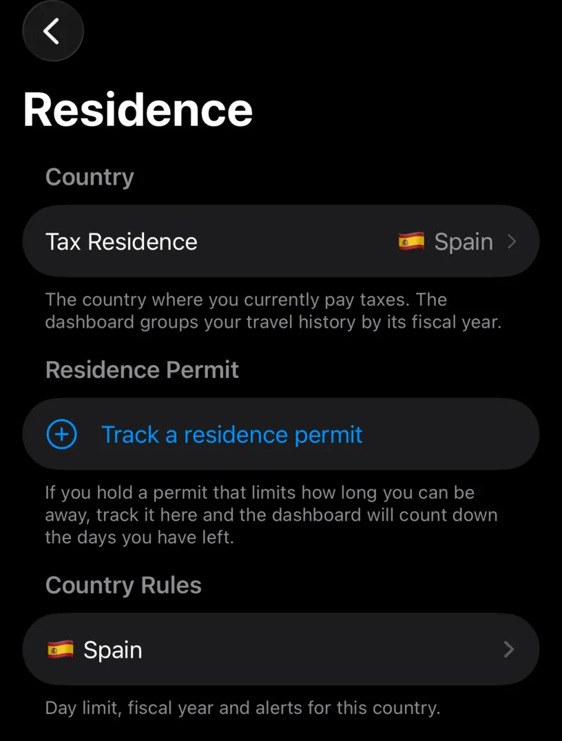 The Residence screen with Tax Residence set to Spain and a Residence Permit section offering Track a residence permit