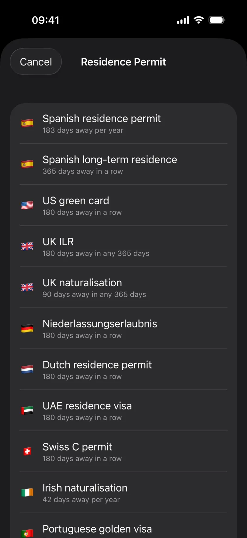 The Residence Permit list with Spanish residence permit 183 days away per year, Spanish long-term residence, US green card, UK ILR, UK naturalisation and more, each with its rule underneath