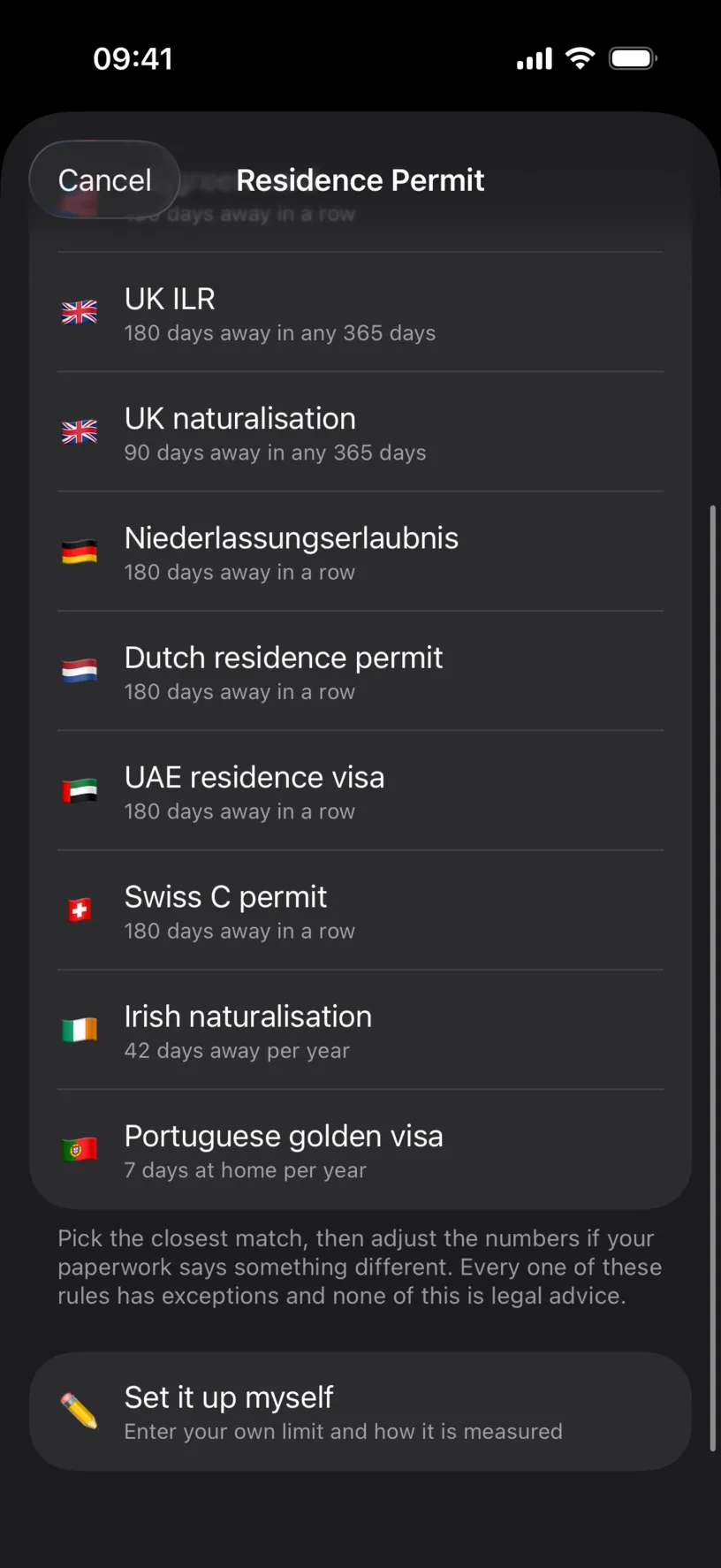 The end of the list, with a footer about picking the closest match and adjusting the numbers, above a Set it up myself option