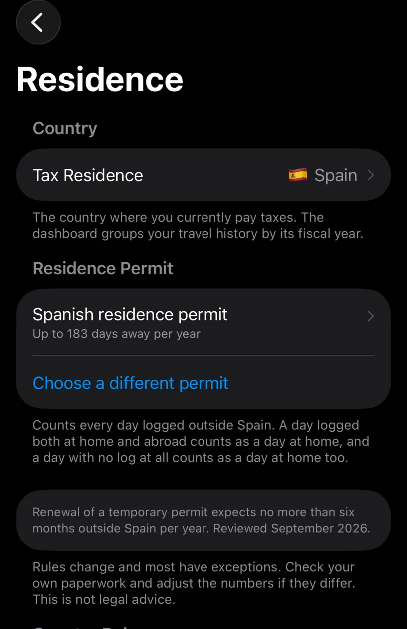 The Residence screen with the permit configured, reading Spanish residence permit, Up to 183 days away per year, with a Choose a different permit link and notes on how the days are counted