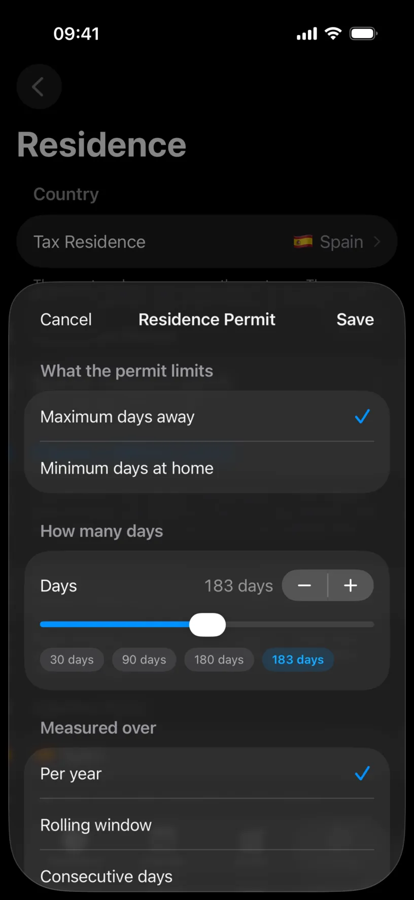 The Residence Permit sheet with What the permit limits set to Maximum days away, a How many days slider on 183 days, and Measured over set to Per year
