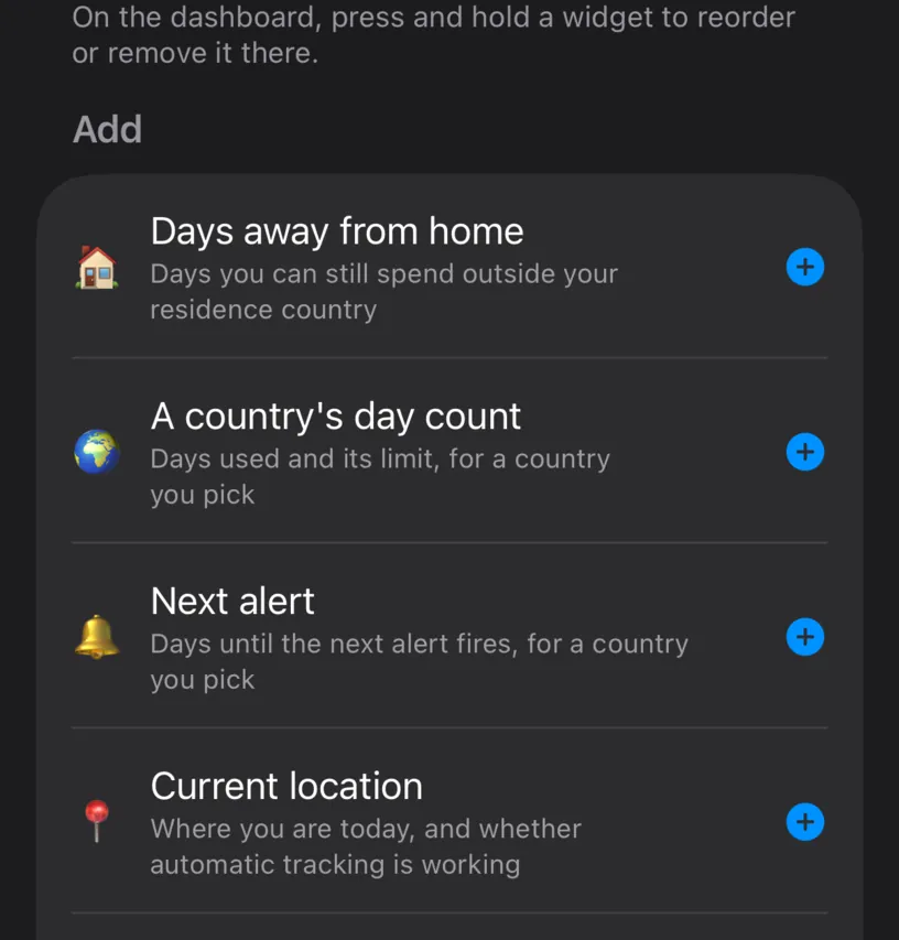 The widget editor Add list, with Days away from home described as Days you can still spend outside your residence country