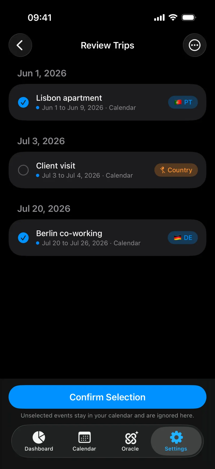 The Review Trips screen with three rows grouped by date: Lisbon apartment tagged PT, Client visit with an orange Country chip, and Berlin co-working tagged DE