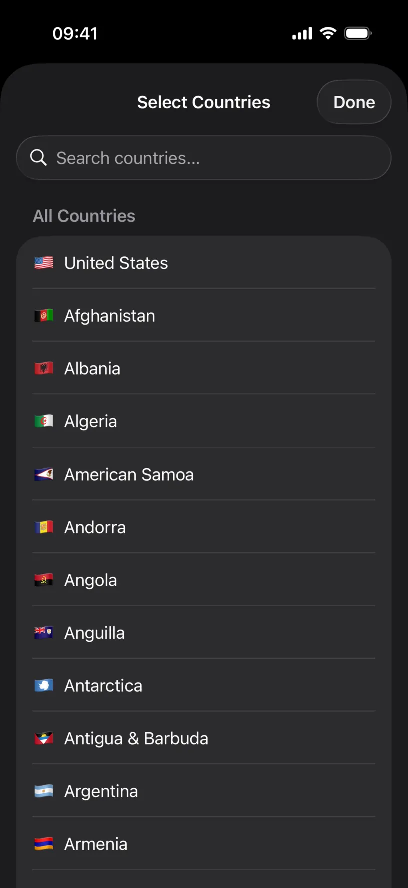 The Select Countries sheet with a search field and the full country list