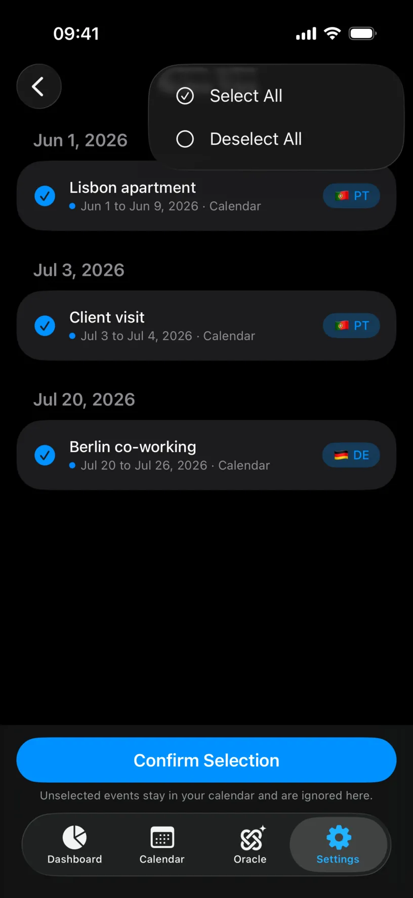 The top-right menu open over the review list, offering Select All and Deselect All