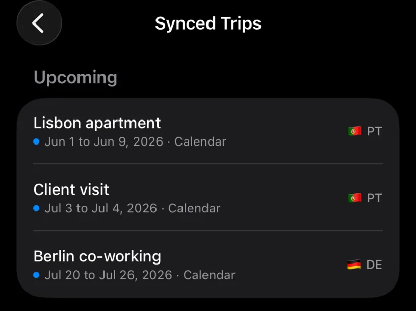 The Synced Trips screen with an Upcoming section listing the Lisbon, Client visit and Berlin trips with their country tags