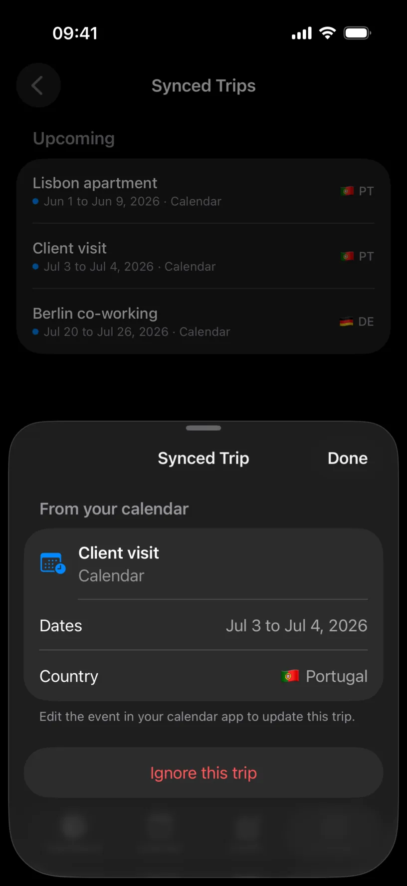 The Synced Trip sheet showing Client visit from the Calendar list, dates Jul 3 to Jul 4 2026, country Portugal, and an Ignore this trip button