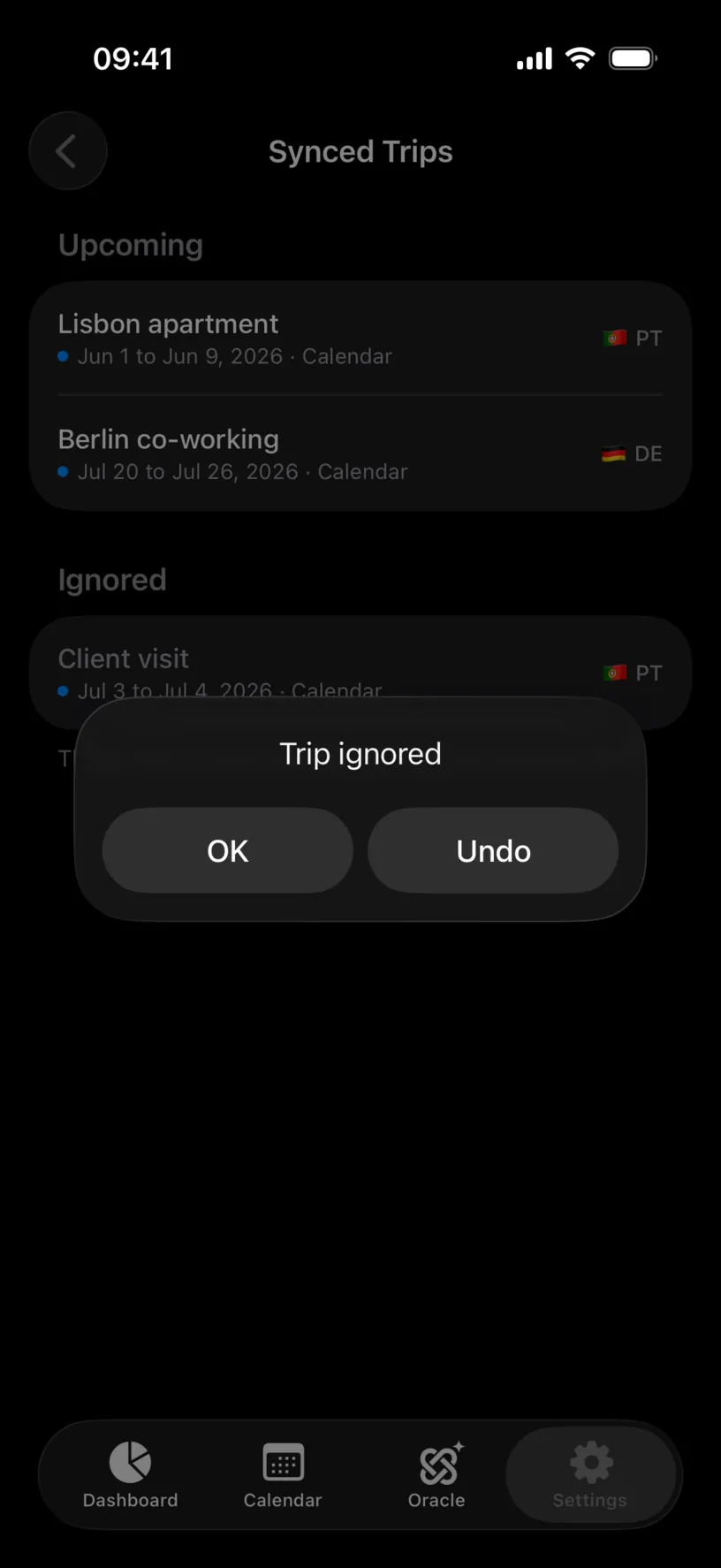 The Trip ignored alert over the Synced Trips list, offering OK and Undo