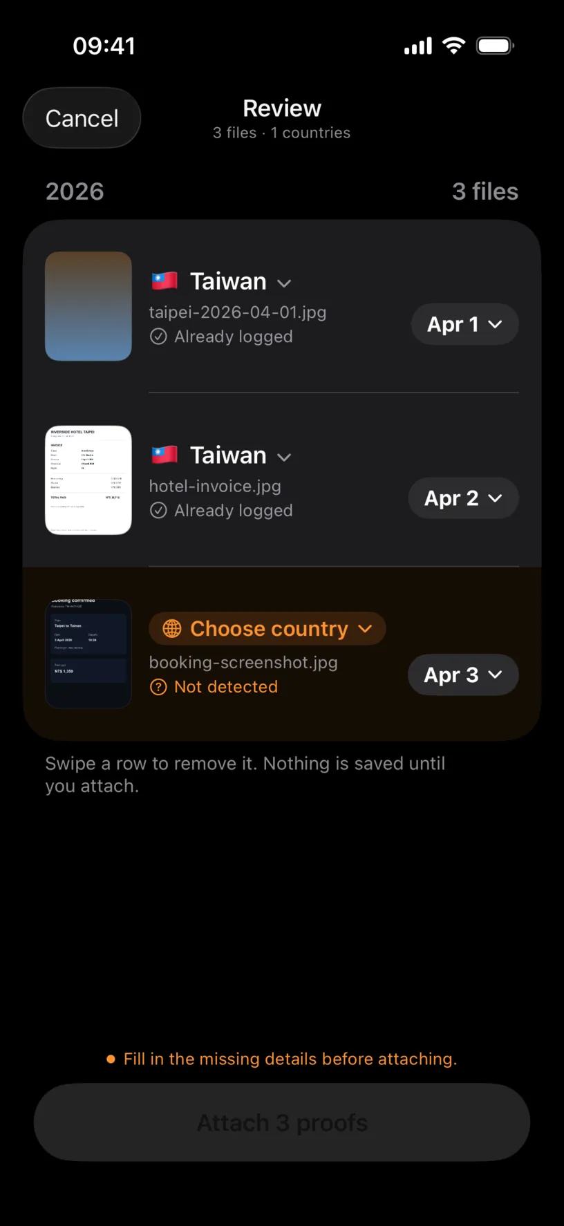 The Review screen with three rows, two on Taiwan and a third tinted orange reading Choose country and Not detected