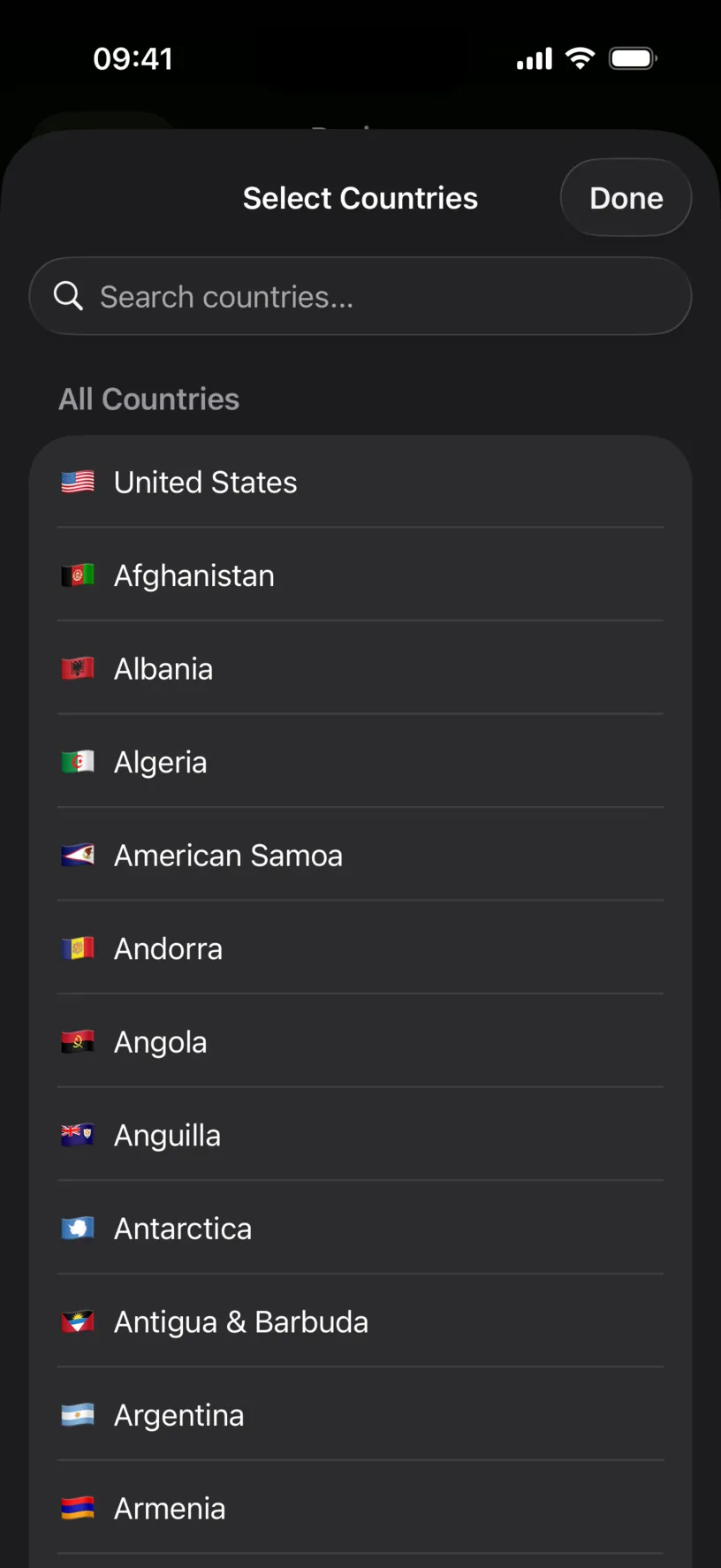 The Select Countries picker open over the review screen, with a search field and the full country list