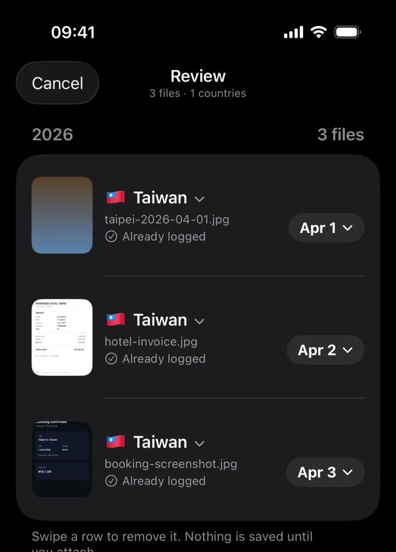 The Review screen with all three rows on Taiwan, the orange tint gone and the attach button available