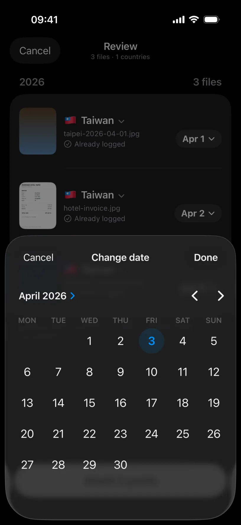 The Change date panel over the review screen, with April 2026 open and day 3 selected