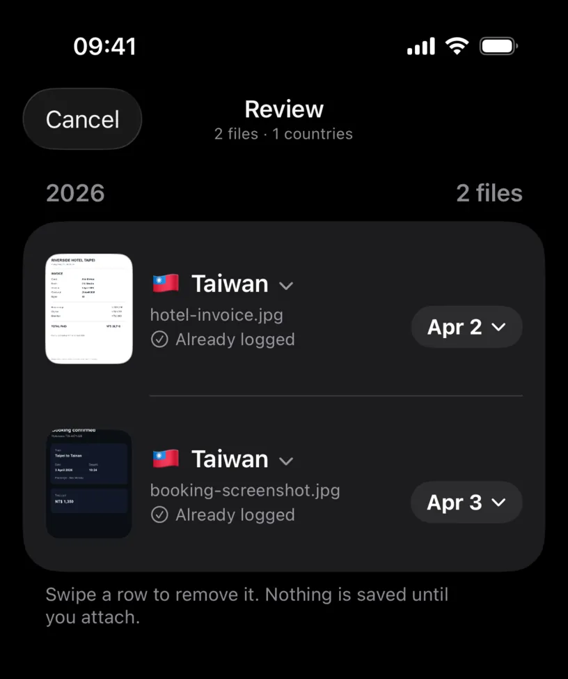 The Review screen back down to two files, both on Taiwan, with an Attach 2 proofs button