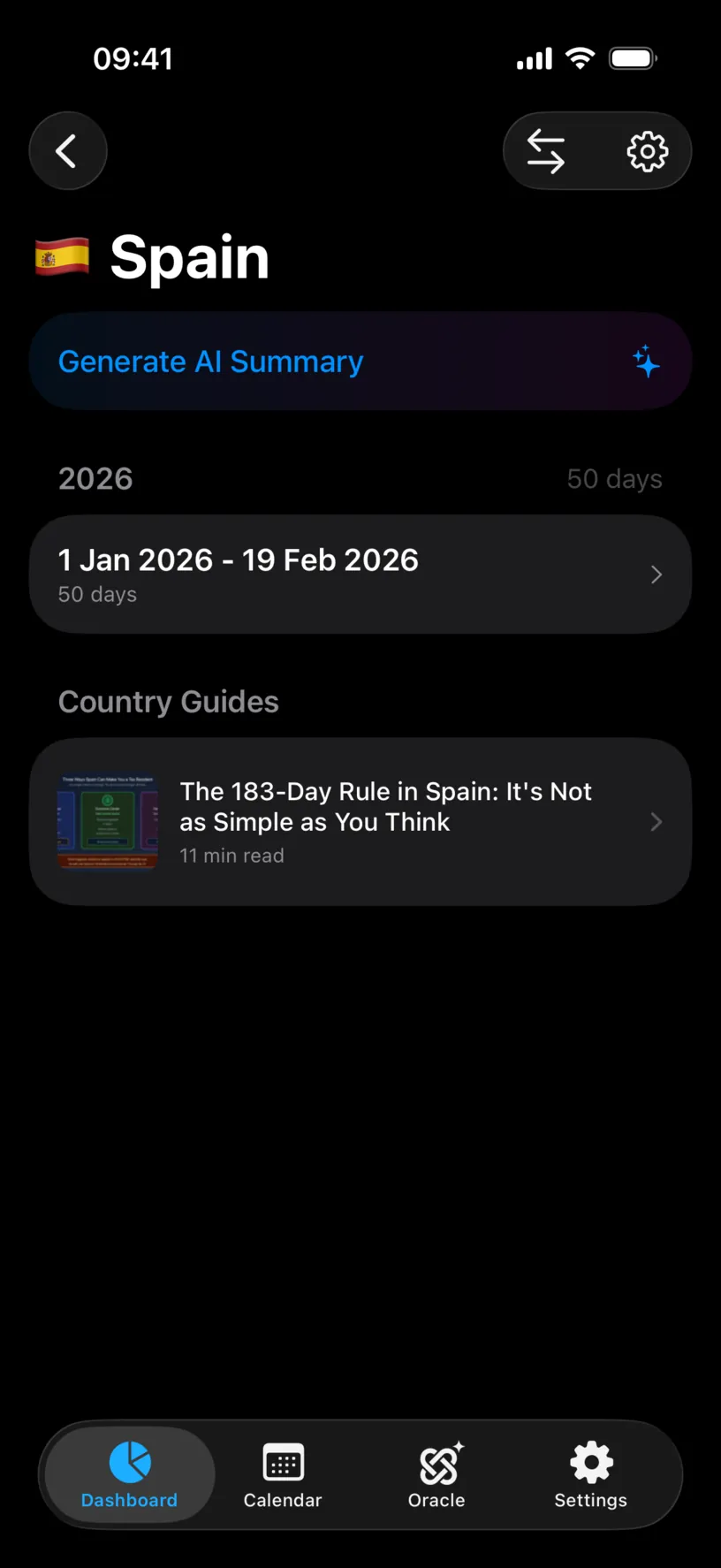 The Spain screen, with Generate AI Summary at the top, one 2026 stay from 1 January to 19 February adding up to 50 days, and a Country Guides article below