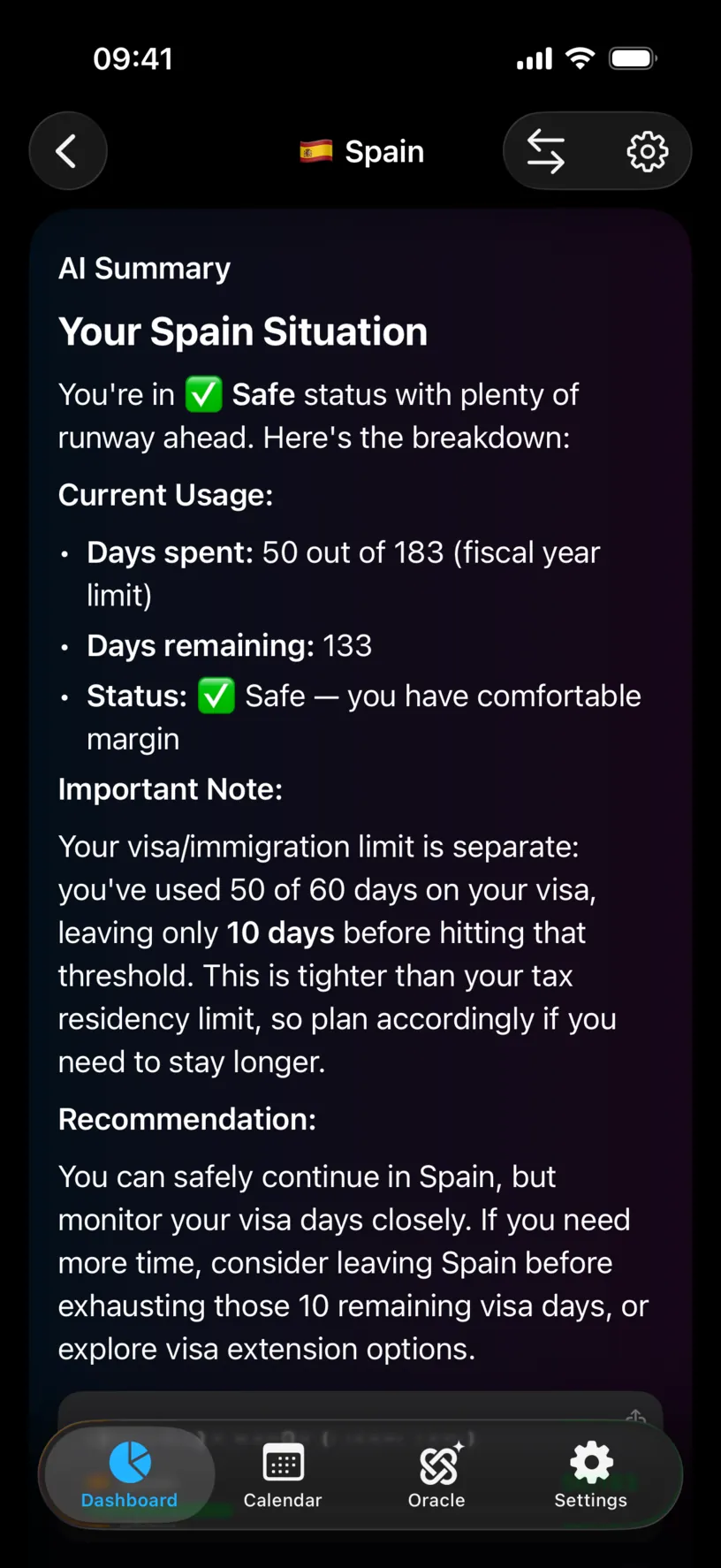 The AI Summary card for Spain, listing 50 days spent out of 183 and 133 remaining, then a note that the visa limit is at 50 of 60 days with only 10 left, and a recommendation to watch the visa days