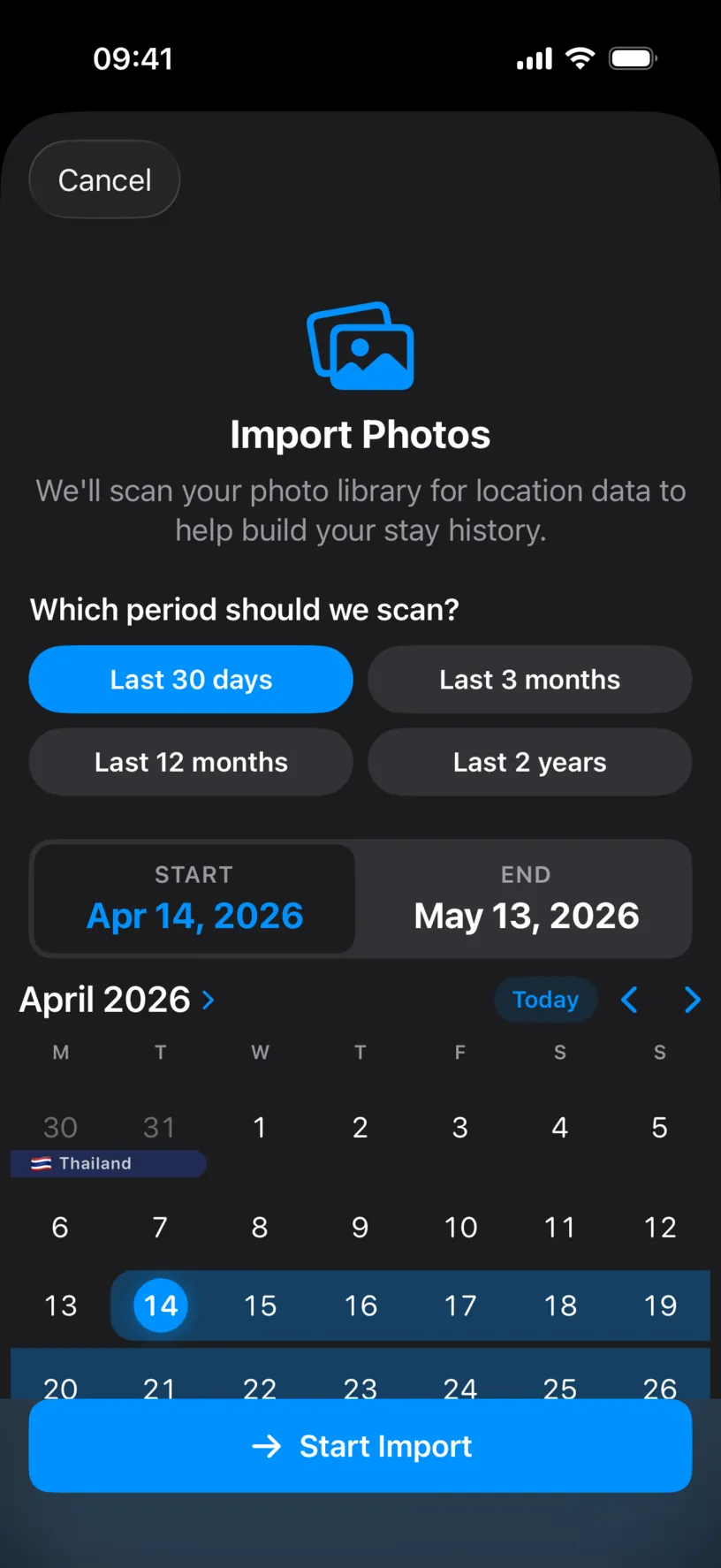 The Import Photos screen with the four period presets and the START and END date fields