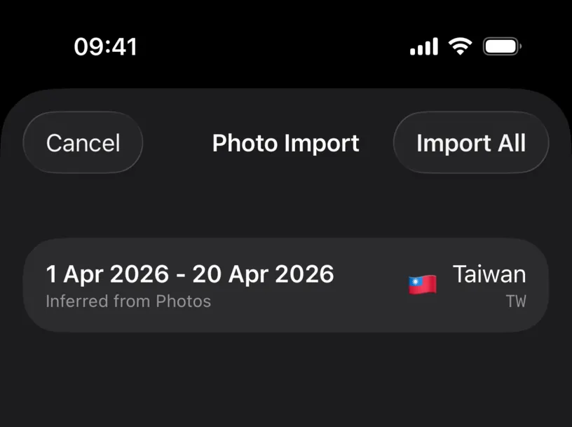 The Photo Import review screen, with one row reading 1 Apr 2026 to 20 Apr 2026, Inferred from Photos, Taiwan TW