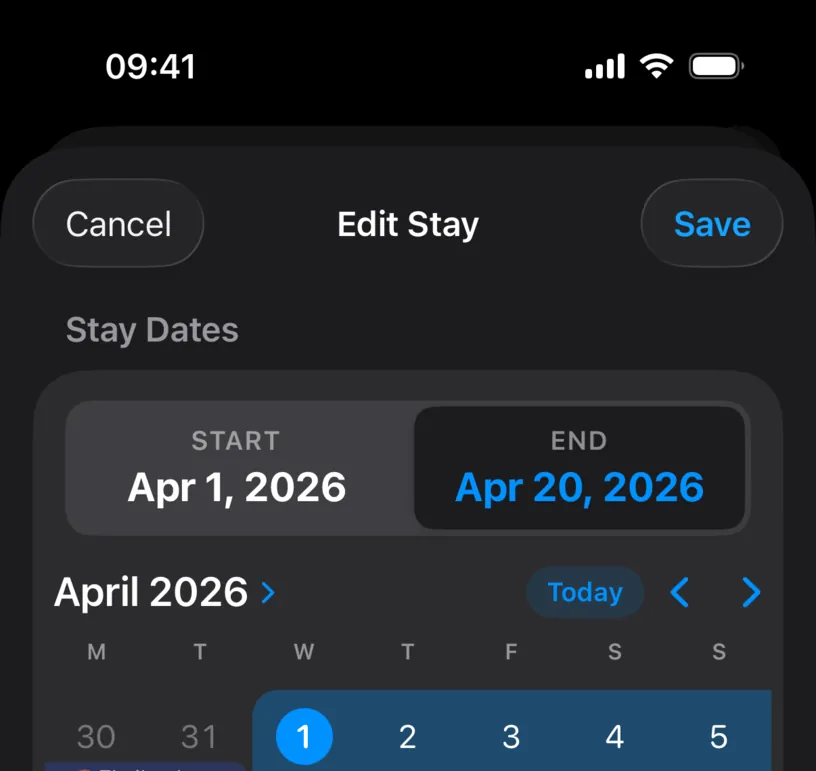 The Edit Stay sheet for a proposed stay, with START on Apr 1, 2026 and END on Apr 20, 2026