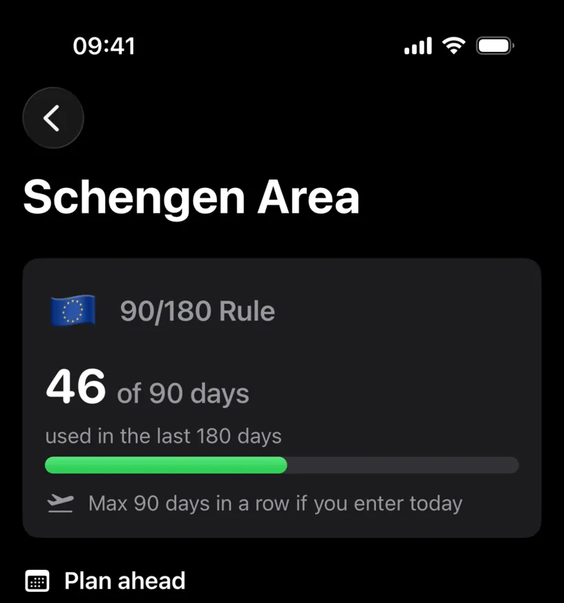 The top of the Schengen Area screen, with the 90/180 Rule heading, 46 of 90 days used in the last 180 days, and the maximum consecutive stay
