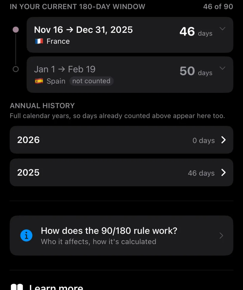 The Annual history section, with 2026 at 0 days and 2025 at 46 days, above a link explaining how the 90/180 rule works