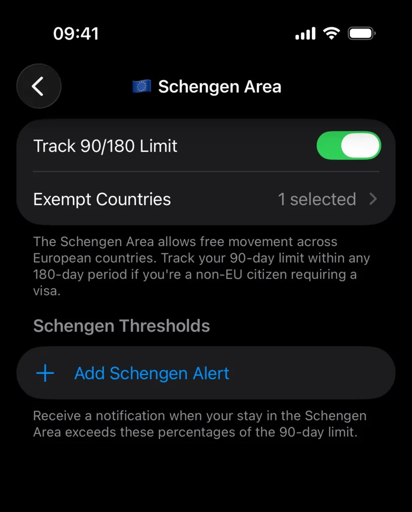 The Schengen Area settings screen with Track 90/180 Limit switched on, an Exempt Countries row reading 1 selected, and an explanation of the 90 day limit