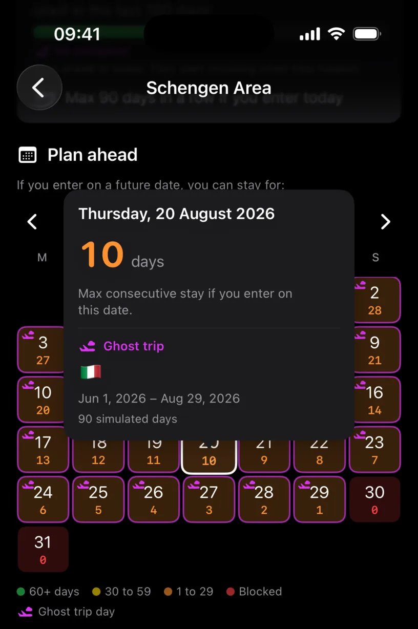The Plan ahead popover for 20 August 2026, reading 10 days above the note Max consecutive stay if you enter on this date, and a ghost trip block naming the simulated Italian stay of 90 days from 1 June to 29 August 2026