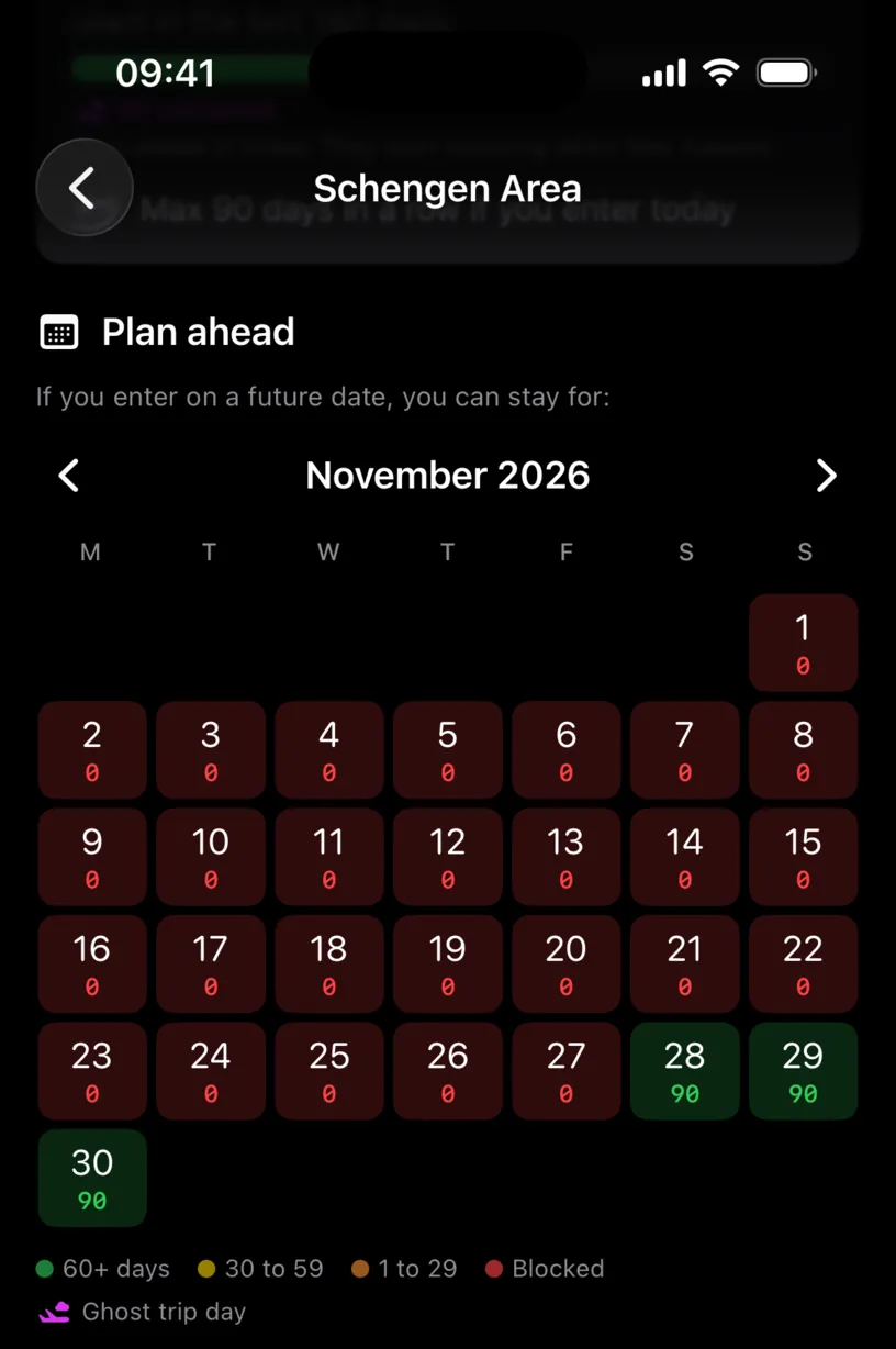 November 2026 in Plan ahead, blocked from the 1st to the 27th, then the 28th, 29th and 30th each reading 90 days in green