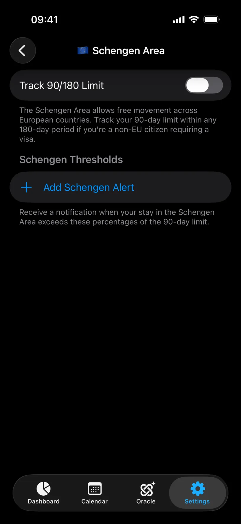 The Schengen Area settings screen with Track 90/180 Limit off and its explanation underneath