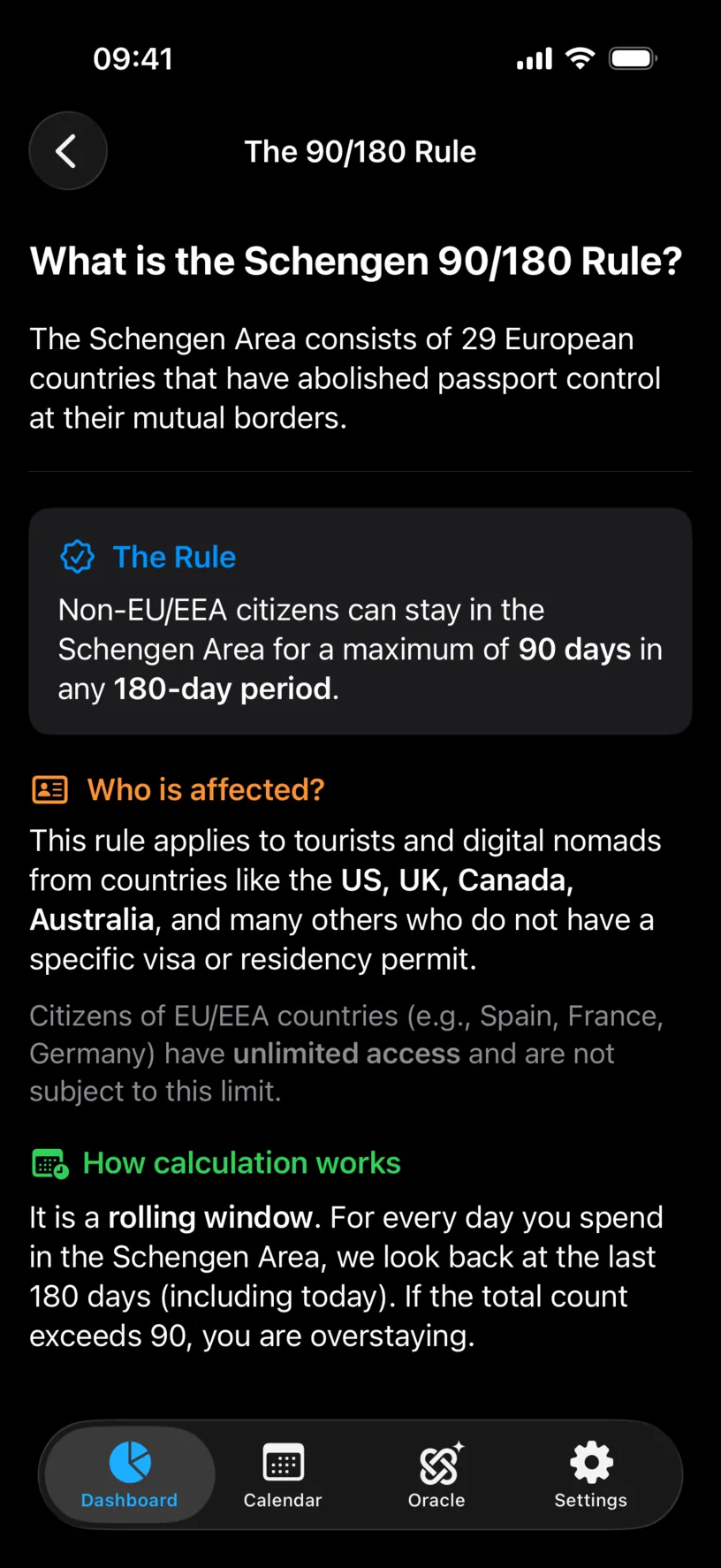 The 90/180 Rule screen, explaining that the Schengen Area consists of 29 European countries, that non-EU citizens can stay 90 days in any 180-day period, and that the calculation is a rolling window looking back at the last 180 days including today