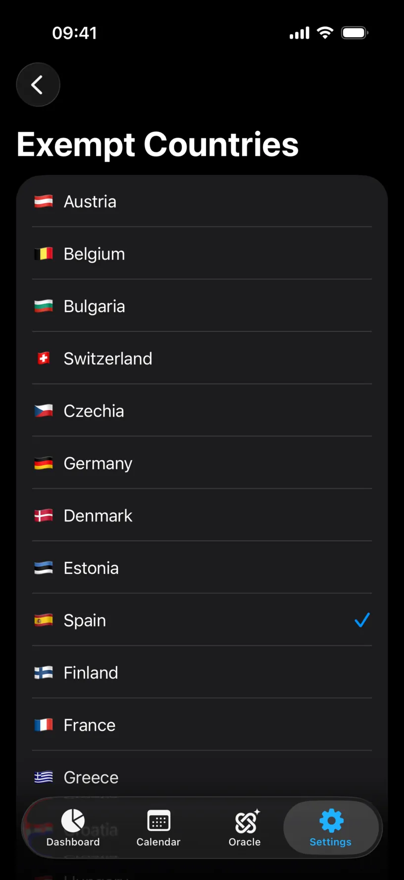 The Exempt Countries list showing Austria, Belgium, Bulgaria, Switzerland, Czechia, Germany, Denmark, Estonia, Spain with a checkmark, Finland, France and Greece