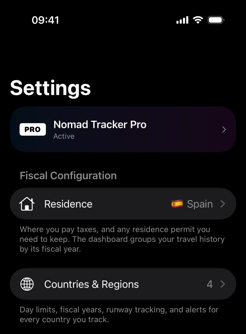 The Fiscal Configuration group in Settings, with a Residence row set to Spain and a Countries & Regions row showing four entries