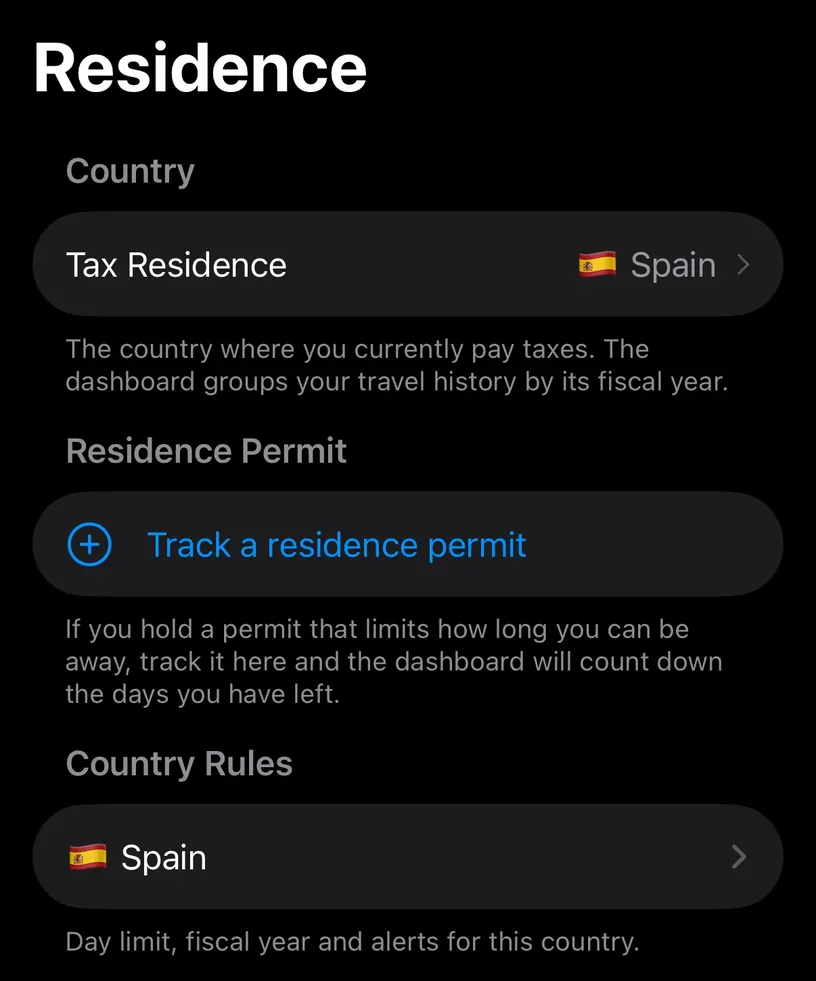The Residence screen, with Tax Residence set to Spain, a Track a residence permit button, and a Country Rules row for Spain