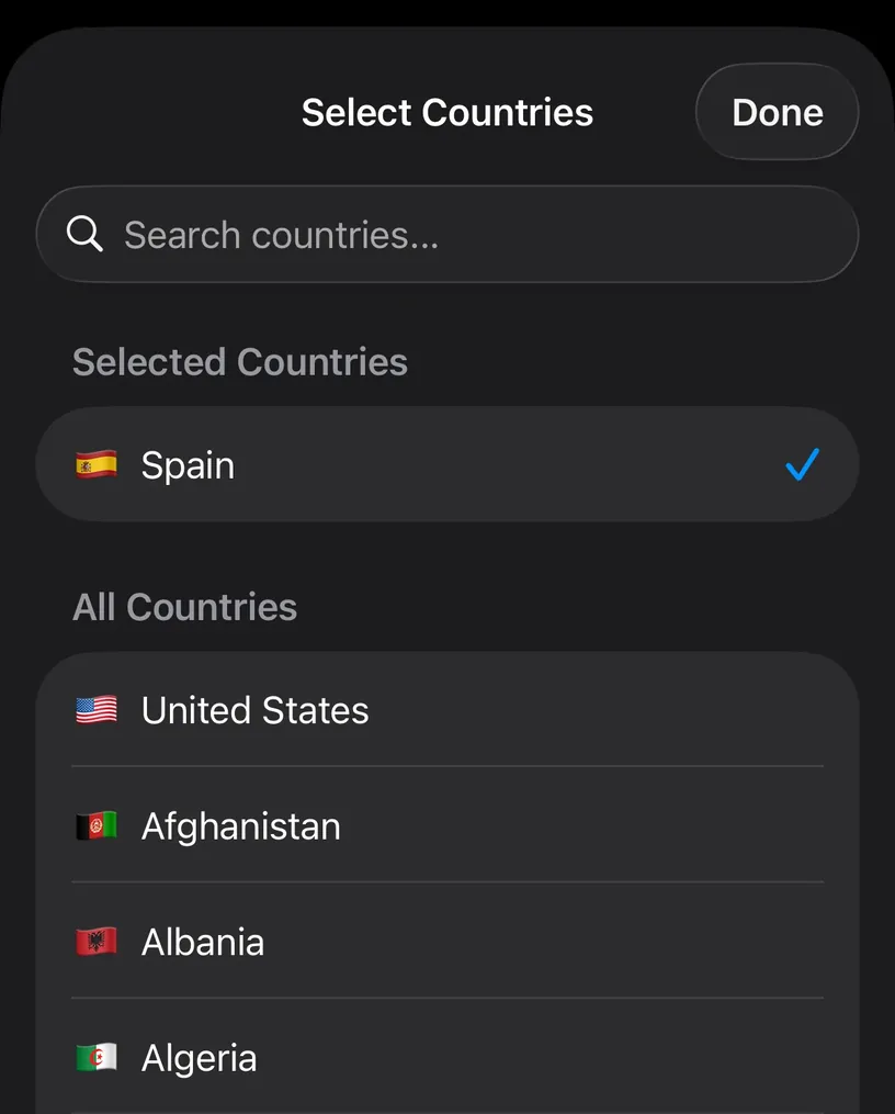 The Select Countries sheet with Spain listed and checked under Selected Countries, above the All Countries list
