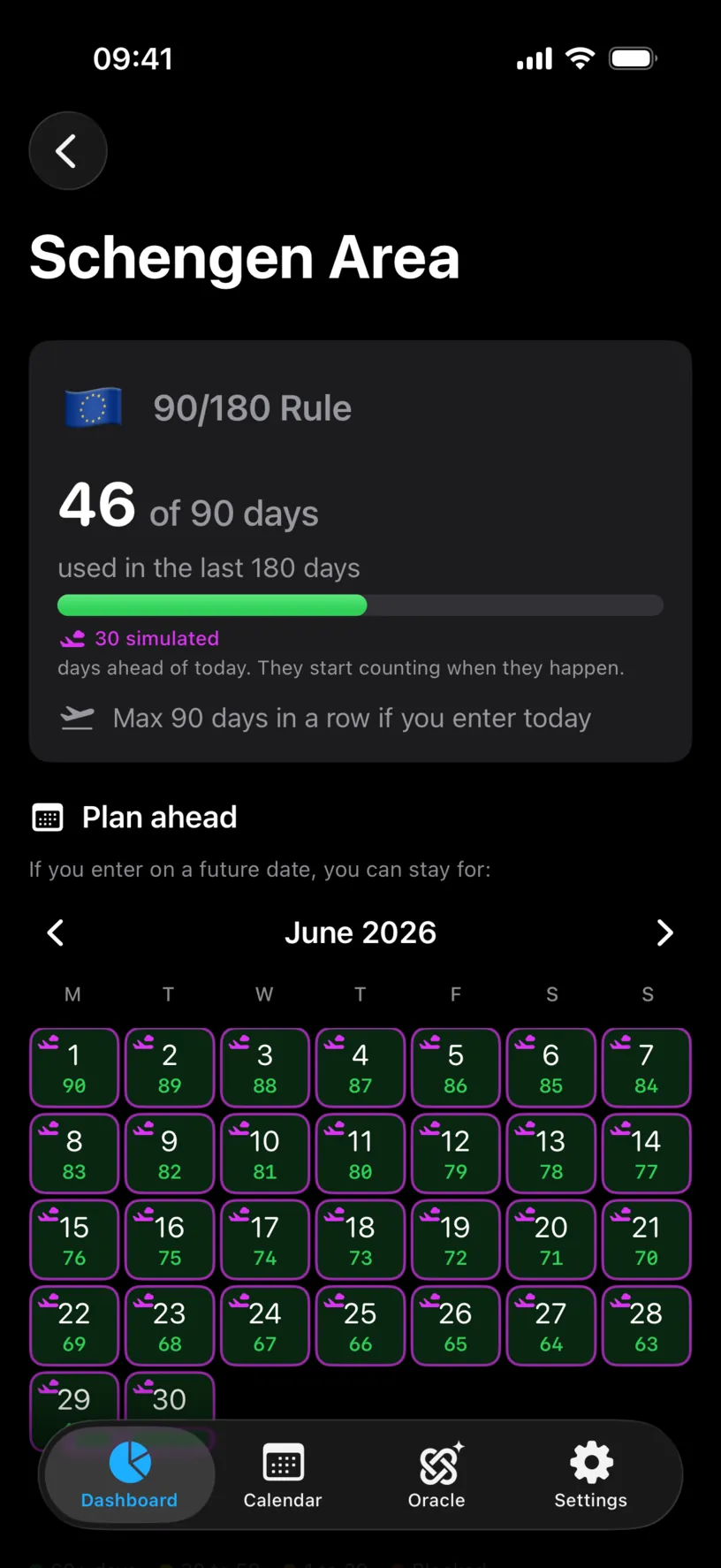 The Plan ahead grid for June 2026, every day outlined with a plane marker, the day count falling from 90 on the 1st to 61 on the 30th