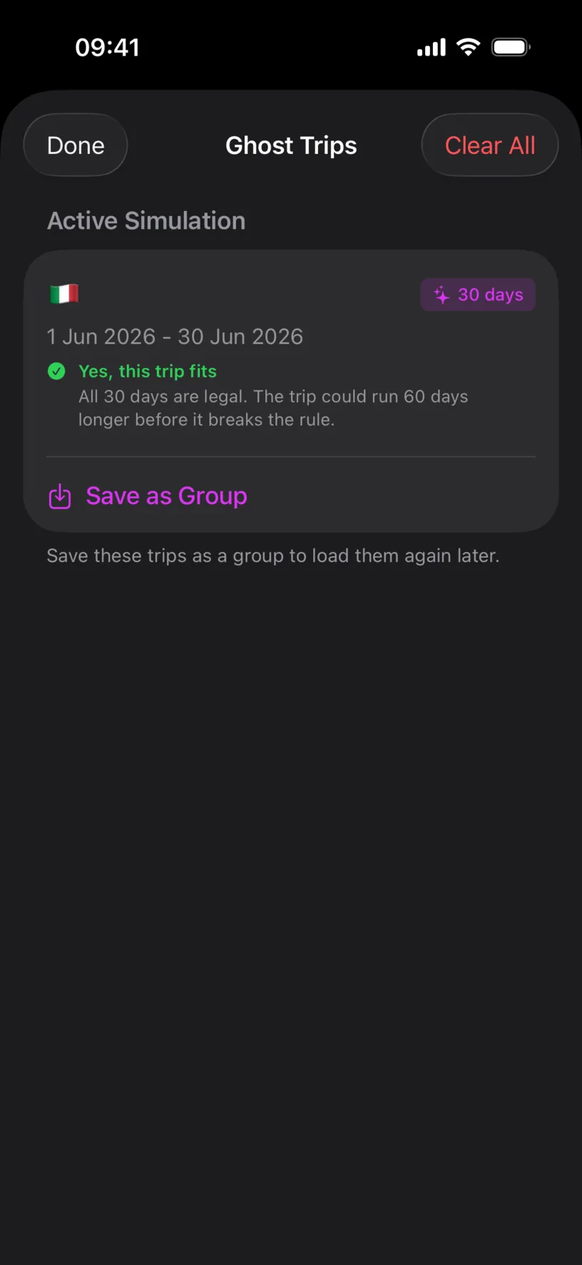 The Ghost Trips sheet with an Active Simulation holding a 30 day Italy trip from 1 Jun 2026 to 30 Jun 2026, the green verdict Yes this trip fits, and a Save as Group button