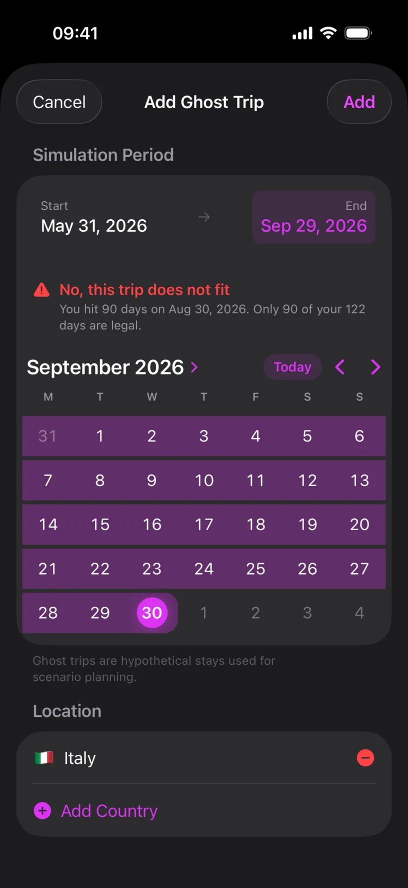 The Add Ghost Trip sheet with a red verdict reading No this trip does not fit, You hit 90 days on Aug 30 2026, Only 90 of your 122 days are legal