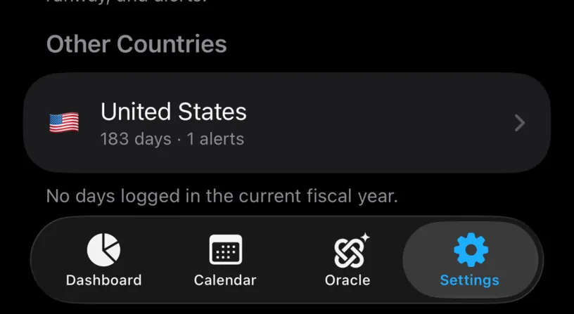 The Countries and Regions list with the United States under an Other Countries heading, marked 183 days