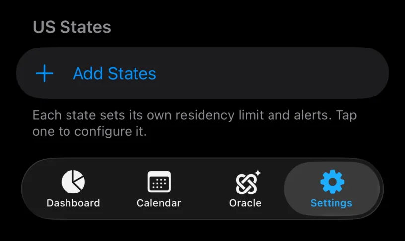 The US States section at the bottom of the United States screen, with an Add States button