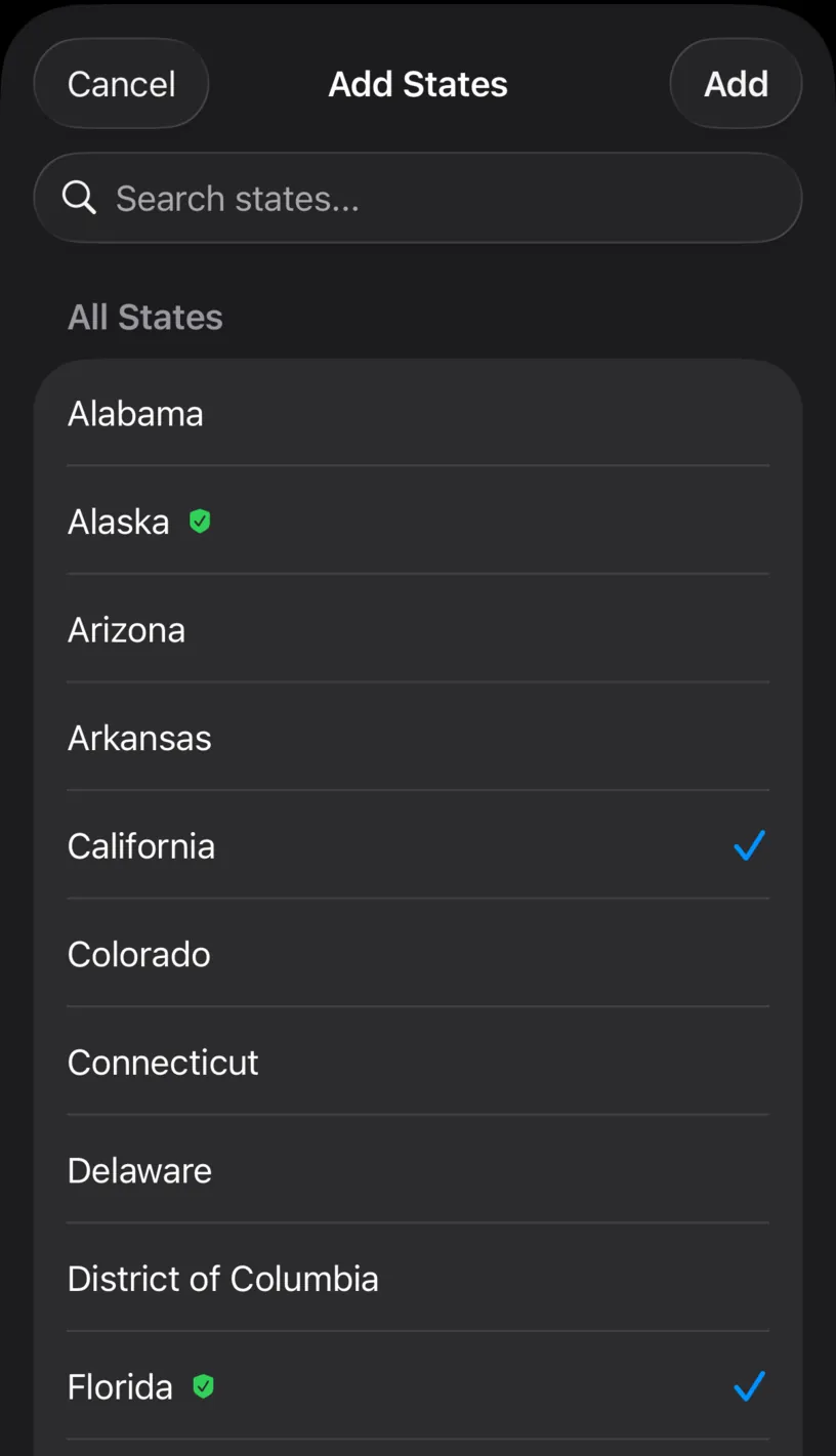 The Add States sheet listing states alphabetically, with a green shield beside Alaska and Florida