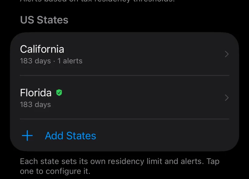 The US States section now listing California with 183 days and one alert, and Florida with 183 days and a shield