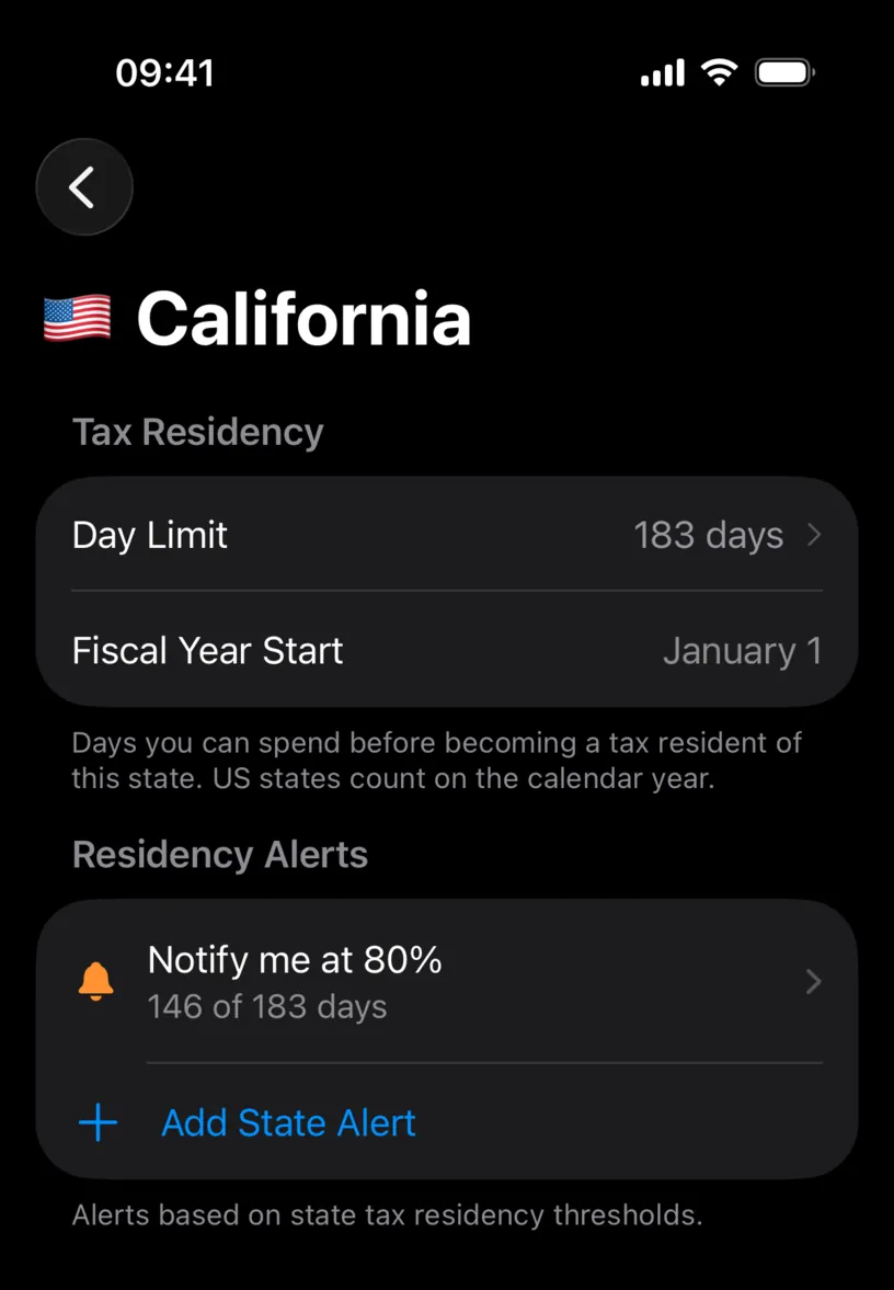 The California screen with a Day Limit of 183 days, a Fiscal Year Start fixed at January 1, and a Residency Alerts section