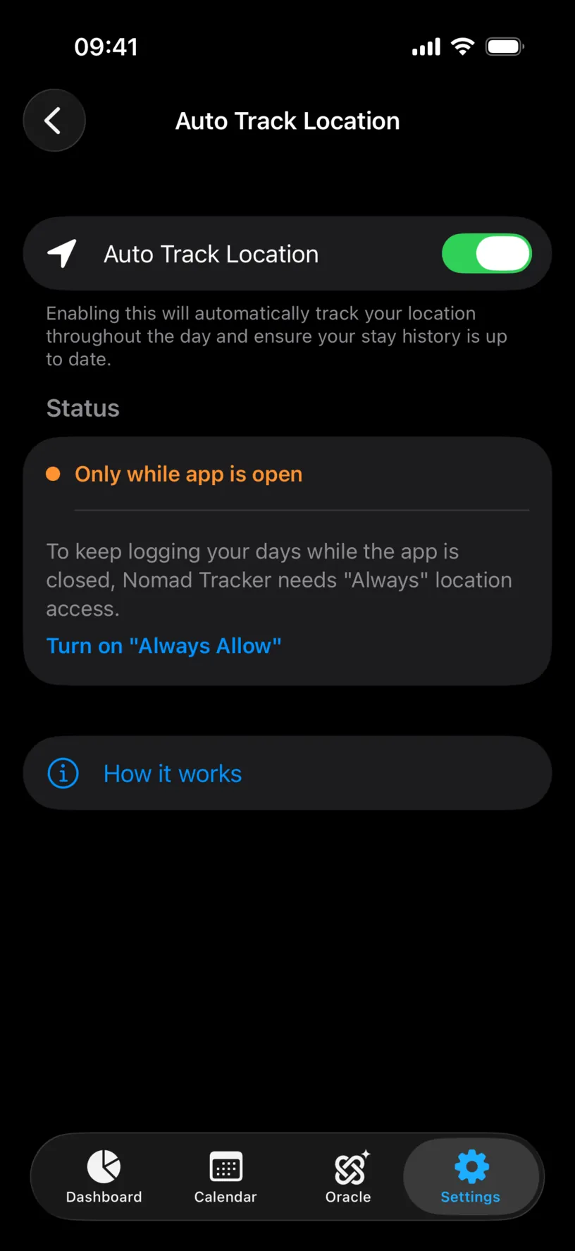 The Status section reading Only while app is open in orange, above a card offering Turn on Always Allow