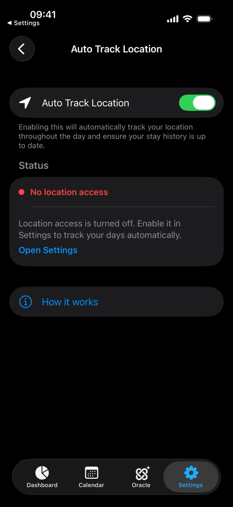 The Status section reading No location access in red, above a card offering Open Settings