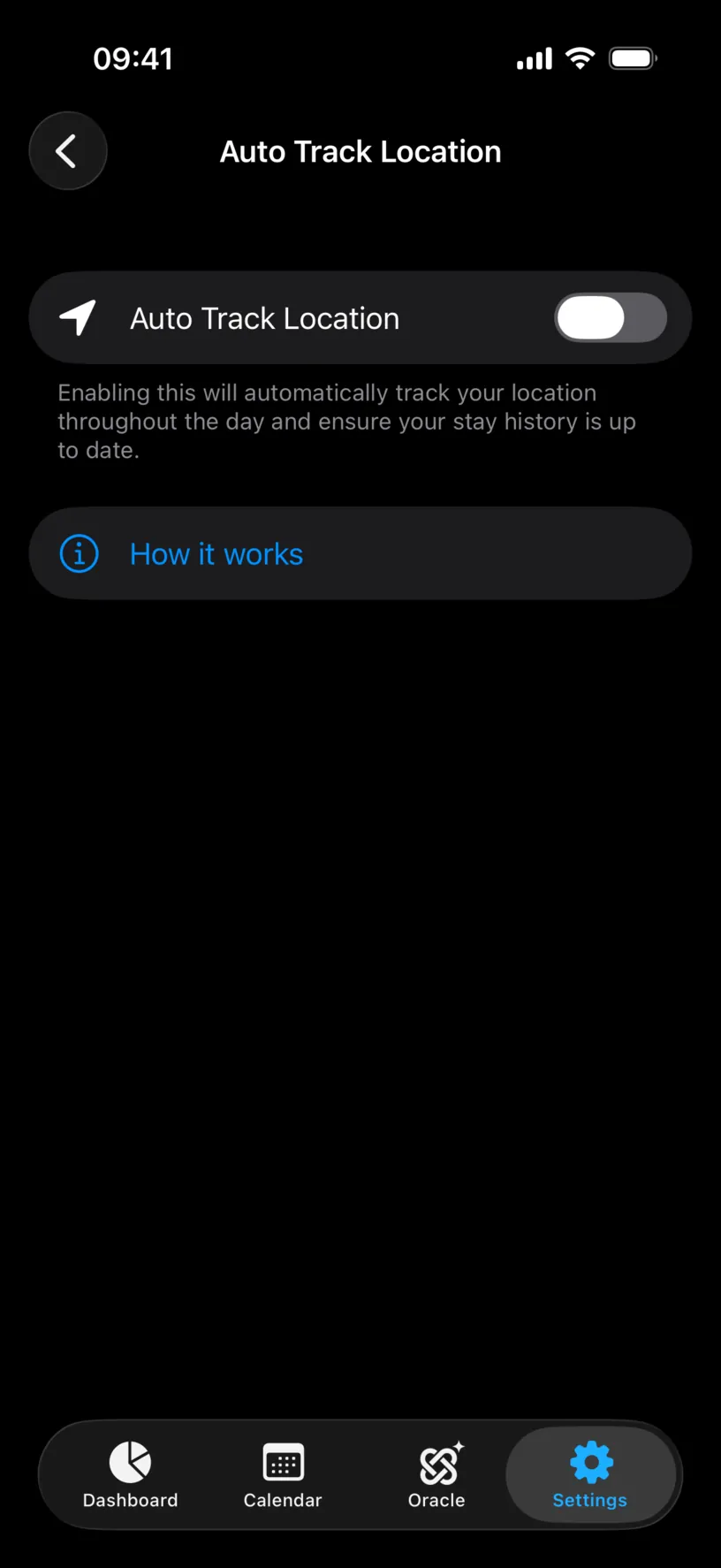 The Auto Track Location screen with the switch off, showing only its description and a How it works button