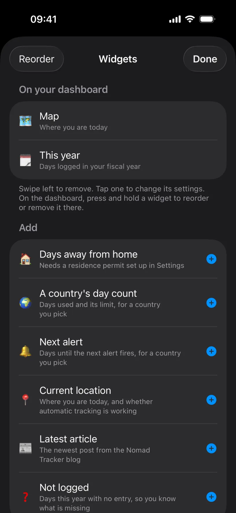 The widget editor sheet, with an Add section listing Current location among the available tiles