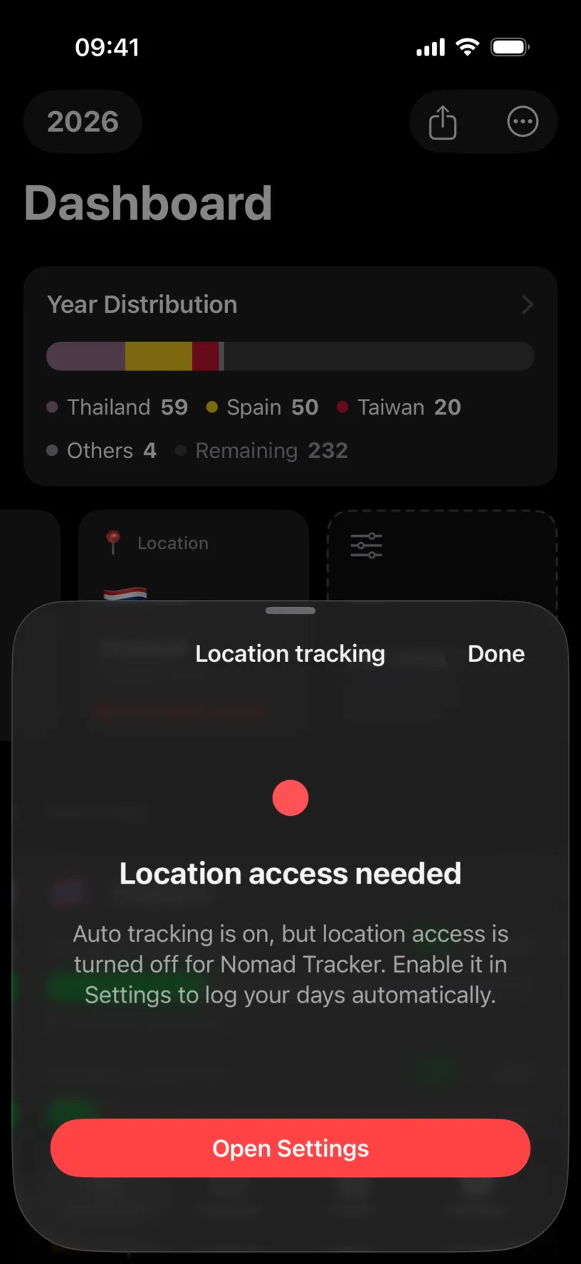 The Location tracking sheet reading Location access needed, explaining that auto tracking is on but location access is off, with an Open Settings button