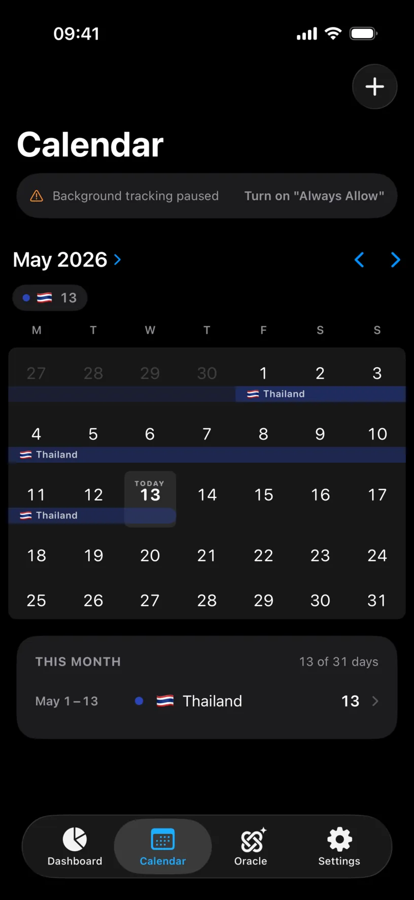 The Calendar tab with a pill above the month reading Background tracking paused, next to a Turn on Always Allow button