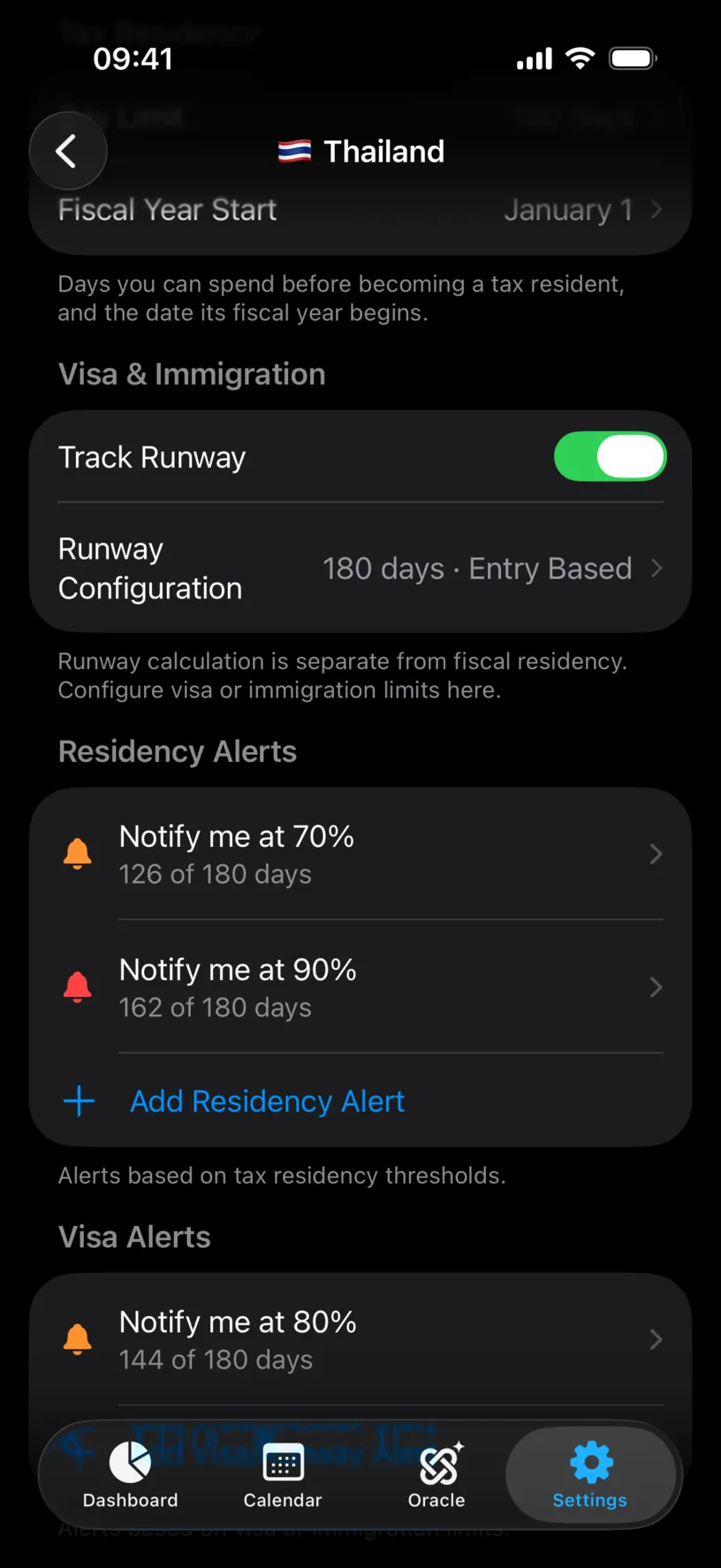 The Thailand settings screen with two residency alerts above and one visa alert reading Notify me at 80%, 144 of 180 days